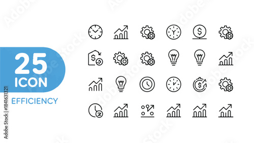 Clean vector illustration set of 25 business efficiency line icons, covering productivity, time management, growth, and financial success themes