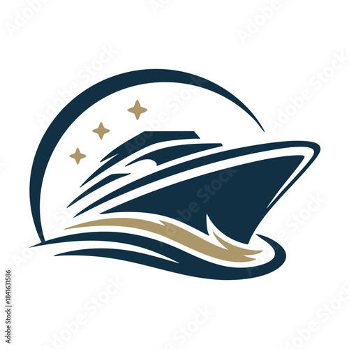 A stylized logo design featuring a modern luxury cruise ship sailing over a wave with stars in the background