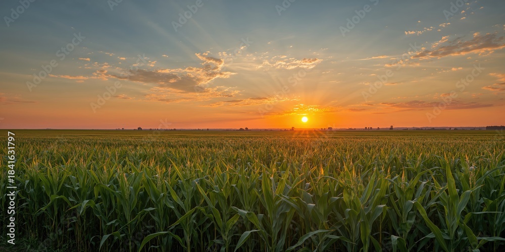Naklejka premium Vivid sunset casting warm light over expansive green cornfield, seasonal change, Earth Day