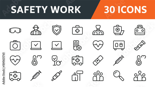 Clean vector collection of 30 black outline icons for workplace safety, health, and protection, perfect for modern digital graphic design