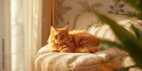 Red fluffy cat resting on a...