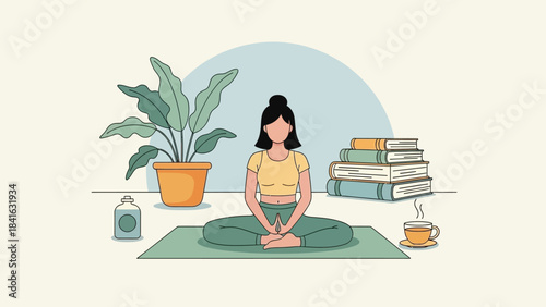 Harmonious balance illustration of woman practicing yoga indoors with books and plants