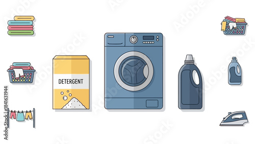 Laundry day illustration showcasing a washing machine, detergent, iron and stacked fabrics