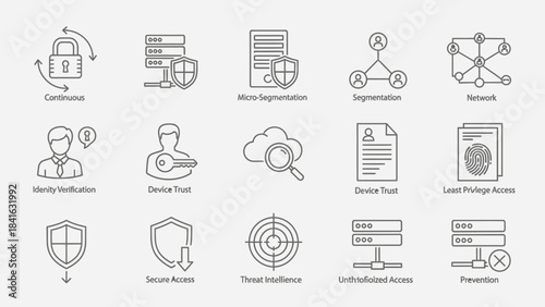 Collection of security and data protection vector icons showing network defense elements