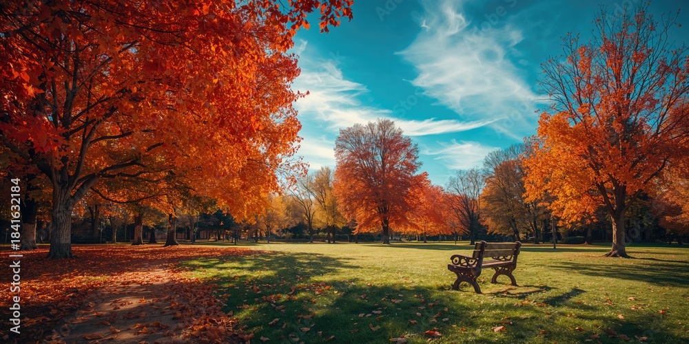 Naklejka premium City park during fall with colorful leaves highlighting seasonal change, ideal for background use