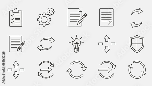 Collection of business concept outline vector icons illustrating process and workflow operations