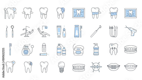 Collection of Dental Care Icons Illustrating Oral Hygiene and Treatment Options