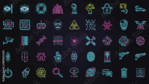Futuristic Neon Icon Set Depicting Advanced Technology Innovation and Conceptual Cyberpunk Designs