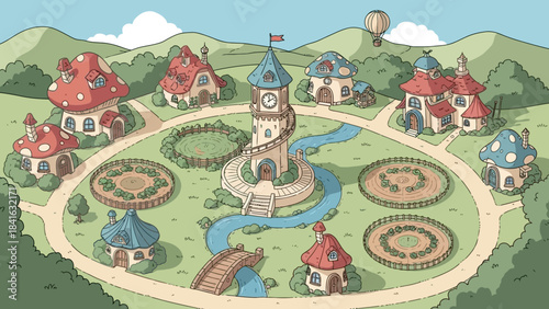 Whimsical Village Illustration: A Charming Fantasy Landscape with Unique Houses and Serene Nature