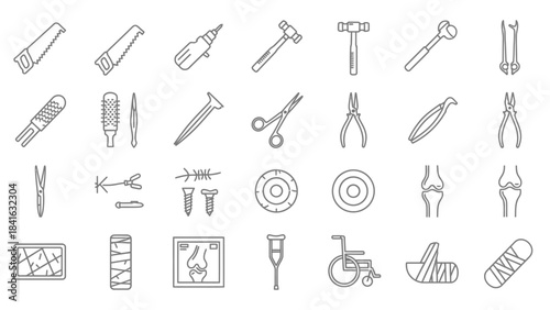Collection of orthopedic and surgical tools in linear style showcasing medical equipment