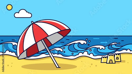 Whimsical seaside scene with striped parasol sandcastles and calming oceanic backdrop