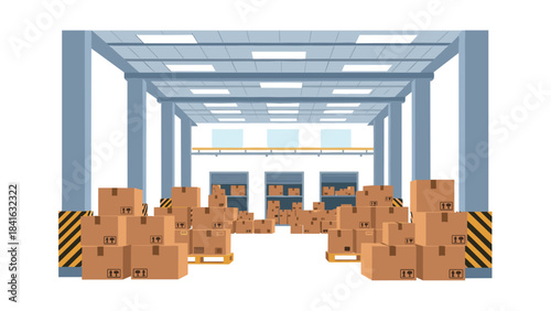 A large warehouse with many cardboard boxes stacked on top of each other inside the building with blue pillars and beams