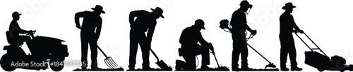 Silhouette workers performing lawn care tasks including mowing, trimming, raking, digging, and operating equipment in a professional landscaping and gardening scene