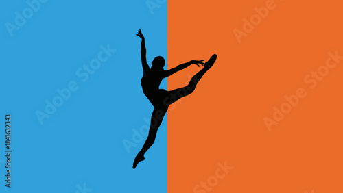Graceful ballerina silhouette against contrasting blue and orange background canvas