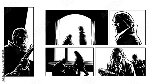 Noir Comic Strip Panels Illustrating a Crime Story Through Stark Contrasts and Shadows