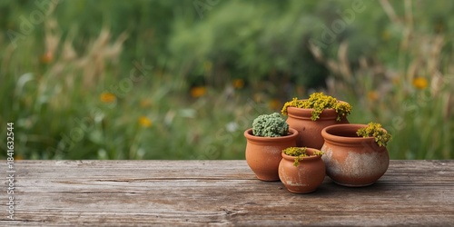 Clay pots with lichen growt...