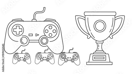 Minimalist line art illustrating gaming success through controllers and a trophy cup