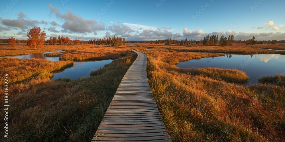 Naklejka premium Aerial perspective of a wooden footbridge leading into the Kemeri bog, highlighting wilderness landscape, Earth Day