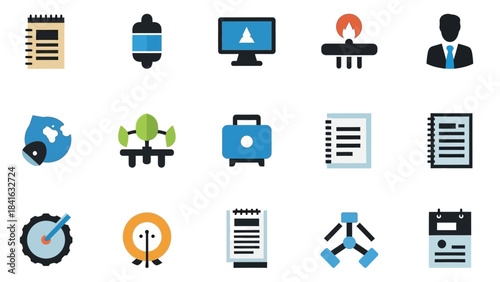 Versatile Icon Collection: Representing Business, Technology, and Global Concepts with Flat Design