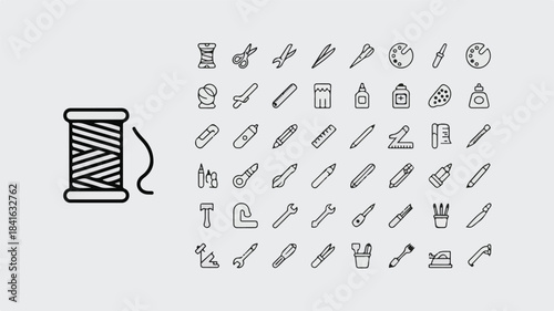 Clean vector illustration set of sixty minimalist line art icons for crafting, sewing, art, and do-it-yourself hobbies, isolated on a light background