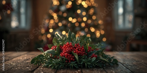 Vivid red berries and green...