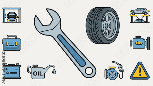 Stylized icons and equipment tools for car repair and maintenance services flat design