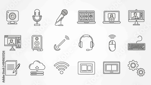 Online Communication and Technology Equipment Line Icons Illustration Minimalistic Design