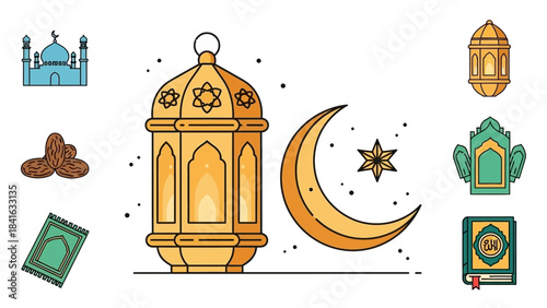 Festive ramadan kareem vector illustration with islamic elements, lantern, moon, star and mosque