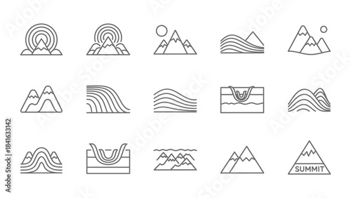Collection of linear mountain icons representing different natural landscapes and geographical