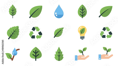Eco-Friendly Icon Set Representing Nature, Sustainability, and Environmental Awareness Initiatives