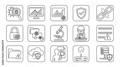Collection of linear conceptual icons representing cybersecurity risks and data threats