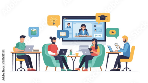 Modern online education illustration showcasing students attending a virtual class remotely