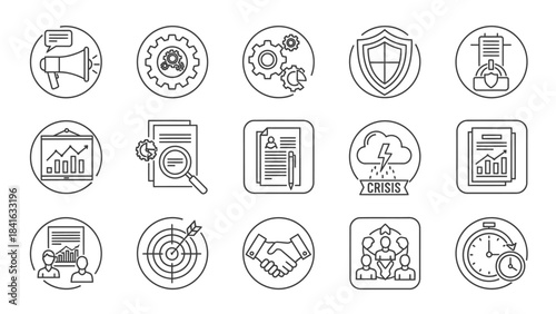 Business solutions symbol set demonstrating strategic planning and optimization processes