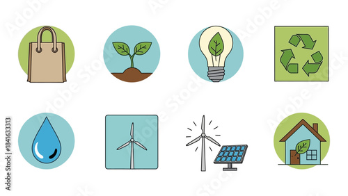 Collection of Eco-Friendly Icons Representing Sustainability and Environmental Awareness