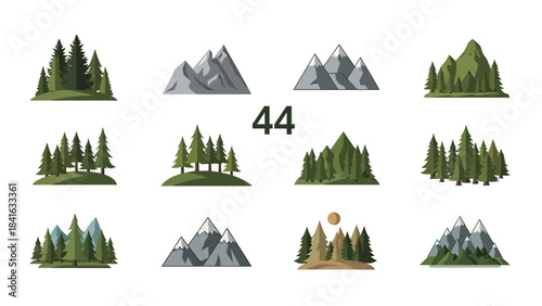 Collection of stylized forest and mountain landscape elements for graphic design projects