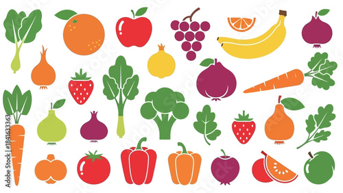 Colorful assortment of vector fruits and vegetables, a visual feast of nature's bounty