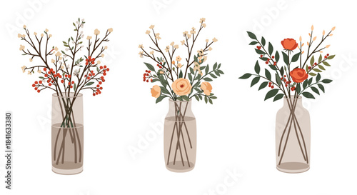 Collection of three beautiful flower bouquets with berries and branches arranged in clear glass vases on a white background.