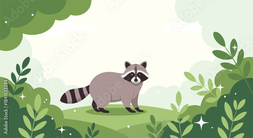 Cute cartoon raccoon standing in a lush green forest clearing surrounded by leaves and foliage with sparkling light effects.