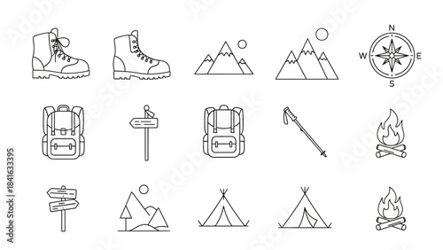 Simple linear hiking and outdoor adventure icons representing essential equipment and nature
