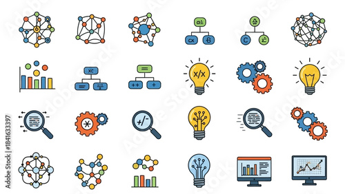 Colorful icons representing data analysis, algorithms, and technological innovation processes