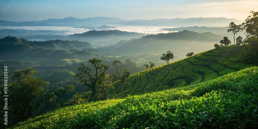 Naklejka premium Lush green landscape in Pangalengan used as a natural backdrop for scenic photography, Earth Day