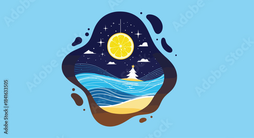 Surreal summer Christmas concept with a lemon moon over a tropical beach and ocean scene inside an abstract liquid frame.