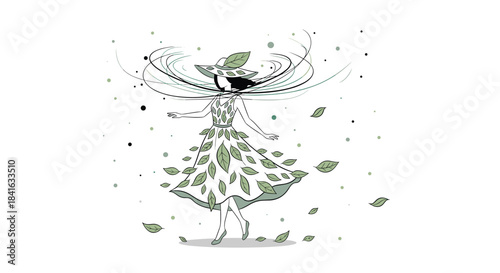 Artistic monochrome drawing of a woman in a leaf dress and hat dancing joyfully as wind and leaves swirl all around her.