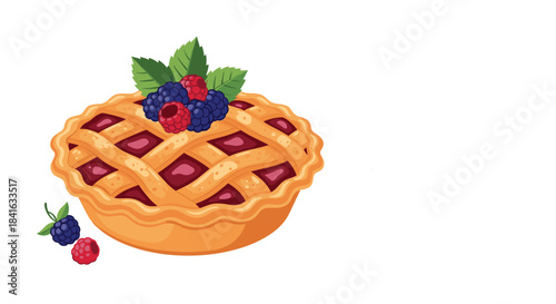 Delicious homemade berry pie with a lattice crust topped with fresh blackberries raspberries and mint leaves on a white background.