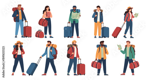 Large collection of diverse male and female tourists with backpacks and luggage ready for travel vacation or adventure.
