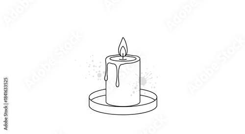 Minimalist continuous line art drawing of a burning candle with melting wax on a saucer with subtle gray paint splatters.