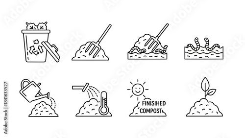 Line art illustration depicting composting process for environmental awareness and sustainability