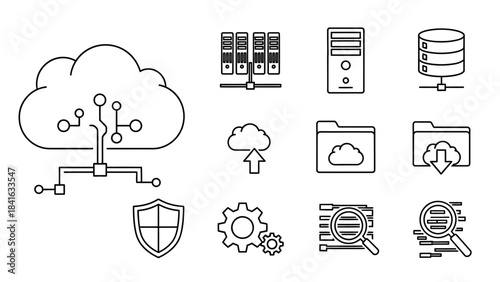 Outlined symbols set representing cloud computing and data network security concepts