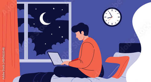 Illustration of a man working late at night on his laptop in bed with the moon and stars visible through the window.