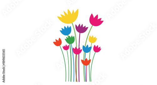 Colorful and cheerful illustration of abstract stylized flowers in various bright colors blooming on a simple white background.